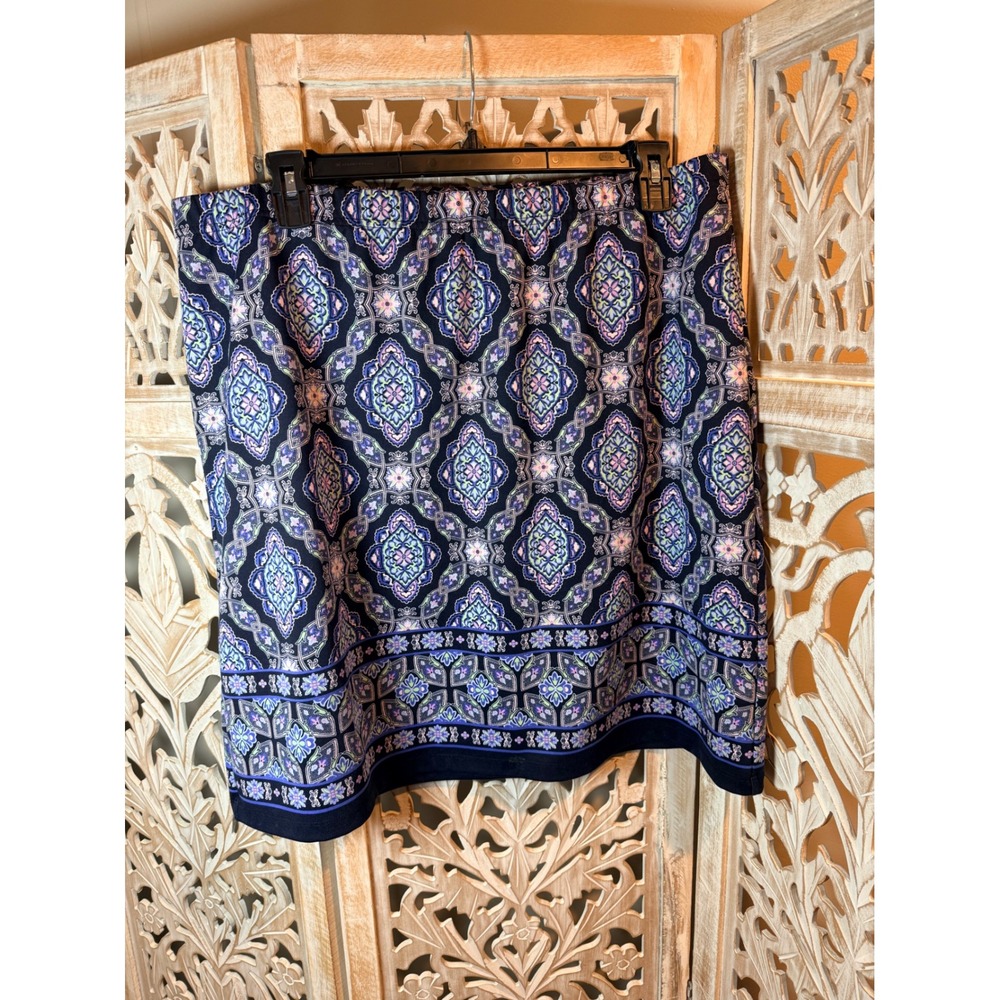 Talbots Womens 2X Navy Blue Medallion Print Elastic Waist Midi Skirt ID2726 - Picture 2 of 8